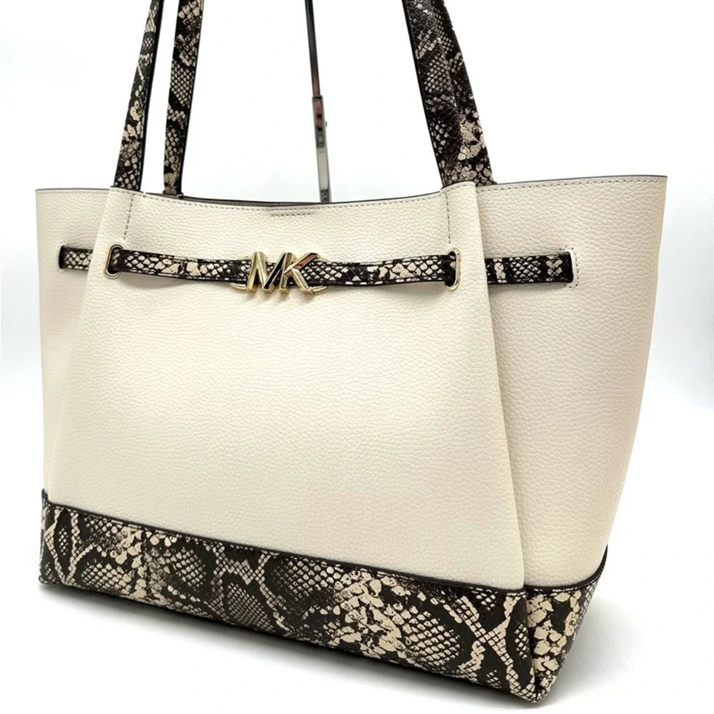 Michael Kors Reed Large Tote Bag Snakeskin Cream/Black - Picture 3 of 12